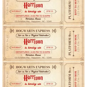 May include: A vintage-style ticket invitation for a birthday party. The ticket is red and white with the text "HOGWARTS EXPRESS" and "Join us for a Magical Celebration". The ticket is for Harrison's sixth birthday party on June 21st. The party will be held at Nicholas's House from 4:00 PM to 6:00 PM. The address is 123 Sunshine Way, Happytown, NC 12345. The ticket also includes a platform number and RSVP information.