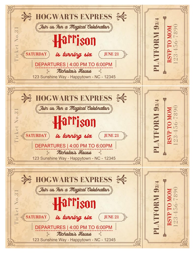 May include: A vintage-style ticket invitation for a birthday party. The ticket is red and white with the text "HOGWARTS EXPRESS" and "Join us for a Magical Celebration". The ticket is for Harrison's sixth birthday party on June 21st. The party will be held at Nicholas's House from 4:00 PM to 6:00 PM. The address is 123 Sunshine Way, Happytown, NC 12345. The ticket also includes a platform number and RSVP information.