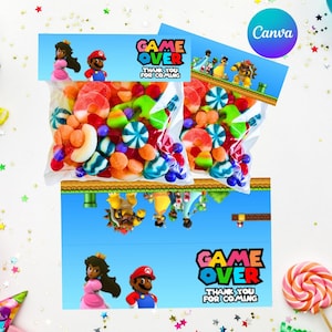 Topo de saco Black Mario e Princesa Peach • Topo de guloseimas para irmãos para imprimir • Lembrancinha de festa Black Mario • Tema de aniversário para meninos e meninas