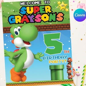 Yoshi birthday door banner Welcome Sign Easy Editable Instant Download Digital Printable - Super Mario Bros