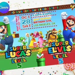 Gezamenlijke Mario Luigi verjaardagsuitnodiging broer of zus verjaardag dubbele dubbele gecombineerde tweeling jongens, eenvoudig bewerken, direct downloaden digitale afdrukbare