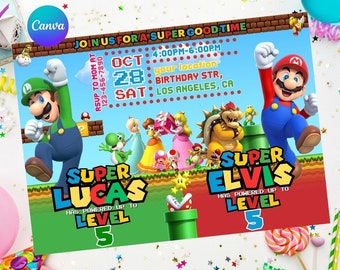 Joint Mario Luigi Birthday Invitation Sibling Birthday Double Dual Combined Twins Boys, Easy Edit Instant Download Digital Printable