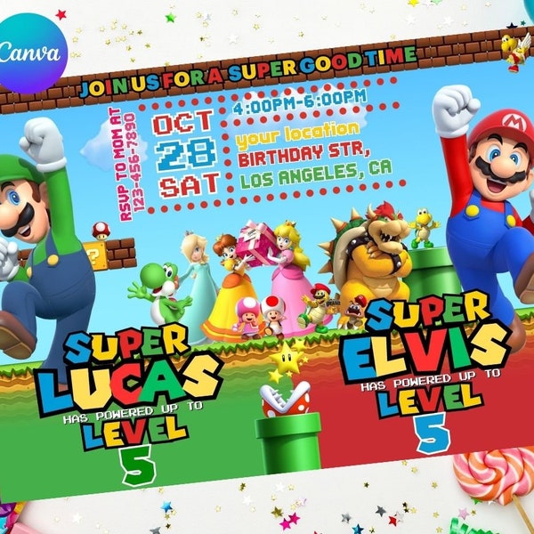 Joint Mario Luigi Birthday Invitation Sibling Birthday Double Dual Combined Twins Boys, Easy Edit Instant Download Digital Printable