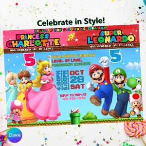 Invitation d'anniversaire commune de Mario Peach, frère et sœur, double double combiné garçons et fille, facile à modifier, téléchargement numérique imprimable Mario