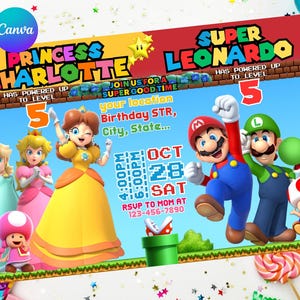 Invitation d'anniversaire commune de Mario Daisy, frère et sœur, double double combiné garçons et fille, facile à modifier, téléchargement numérique imprimable Mario