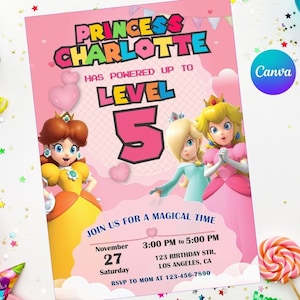 Invito di compleanno Principessa Peach e Daisy e Rosalina Facile modificabile Download immediato Stampabile digitale - Super Mario Bros