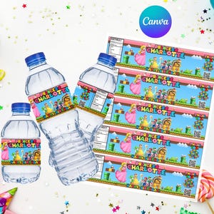 Princess Peach Water Bottle Labels • Super Mario Party Bottle Wraps • Editable Girl Birthday Decor • Pink Peach Party Favor Instant Download
