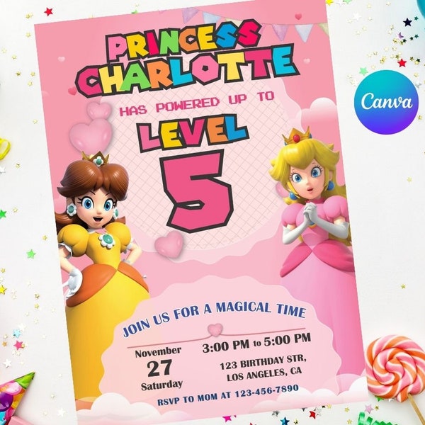 Princess Peach and Daisy Birthday Invitation Easy Editable Instant Download Digital Printable - Super Mario Bros