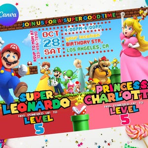 Faire-part d'anniversaire conjoint Mario Peach Anniversaire d'un frère ou d'une sœur Double jumeaux combiné garçon et fille, édition facile, téléchargement immédiat, impression numérique