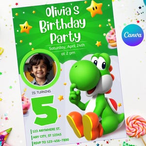 Faire-part d'anniversaire Yoshi avec module complémentaire photo facilement modifiable, téléchargement immédiat, impression numérique - modèle d'invitation Super Mario Bros wonder