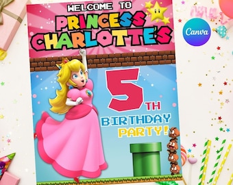 Princess peach birthday door banner Welcome Sign Easy Editable Instant Download Digital Printable - Super Mario Bros