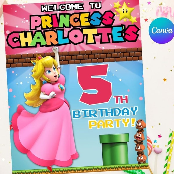 Princess peach birthday door banner Welcome Sign Easy Editable Instant Download Digital Printable - Super Mario Bros