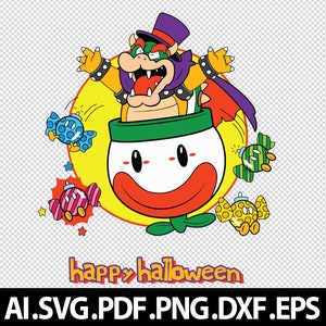 Puede incluir: Ilustración de dibujos animados con Bowser con sombrero de copa y capa, emergiendo de una figura de payaso. También hay caramelos de colores y las palabras "happy halloween". La imagen es un gráfico vectorial disponible en múltiples formatos.