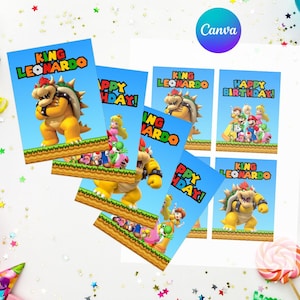 May include: A collection of blue birthday cards featuring the character King Bowser from the Super Mario video game series. The cards have the text "King Leonardo" and "Happy Birthday!" with colorful illustrations of other characters.