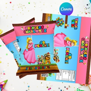 Saco de Salgadinhos Princesa Pêssego | Etiqueta Rosa para Lembrancinhas de Aniversário - Fácil de Editar - Download Instantâneo - Digital - Imprimível - Super Mario