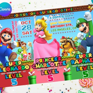 Convite de aniversário de pêssego de 3 irmãos Mario Luigi | Convite de aniversário triplo | Menino e menina | Edição fácil | Download instantâneo | Impressão digital