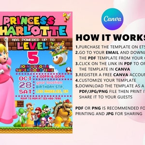 Princess Peach Birthday Invitation Easy Editable Instant Download Digital Printable Super mario princess birthday super mario wonder image 3