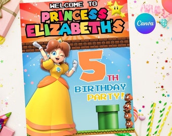 Princess Daisy birthday door banner Welcome Sign Easy Editable Instant Download Digital Printable - Super Mario Bros