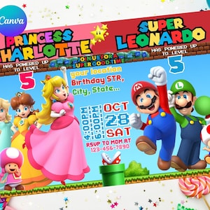 Convite de aniversário conjunto Mario Peach Irmão Duplo Duplo Combinado Gêmeos Menino e Menina, Fácil Edição Instantânea Download Digital Imprimível Mario