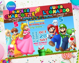 Joint Mario Peach Birthday Invitation Sibling Double Dual Combined Twins Boy and Girl, Easy Edit Instant Download Digital Printable Mario