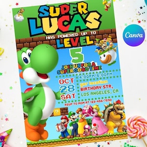 Yoshi-verjaardagsuitnodiging Gemakkelijk bewerkbaar Direct downloaden Digitale afdrukbare - Super Mario Bros wonder-uitnodiging