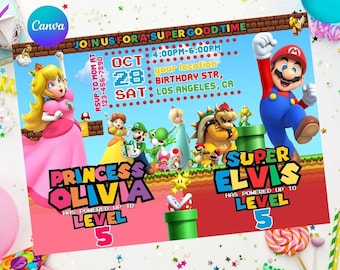 Joint Mario Peach Birthday Invitation Sibling Birthday Double Dual Combined Twins Boy and Girl, Easy Edit Instant Download Digital Printable