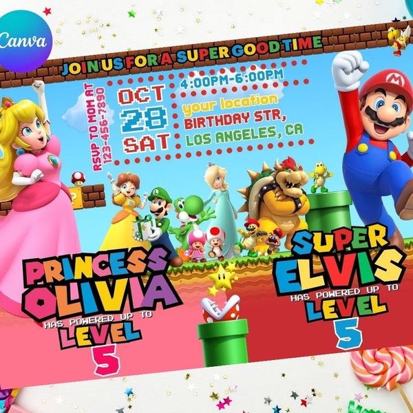 Joint Mario Peach Birthday Invitation Sibling Birthday Double Dual Combined Twins Boy and Girl, Easy Edit Instant Download Digital Printable