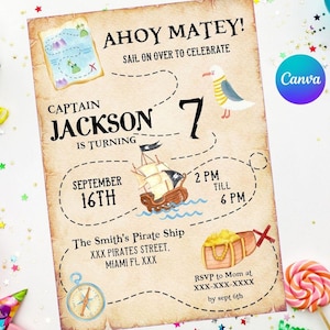 Convite de aniversário pirata | Fácil editável | Digital imprimível | Convite para festa de aniversário | Modelo Canva editável | Convite Sail on over
