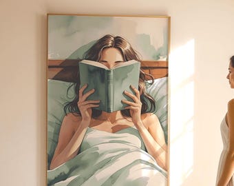 Mädchen lesen Buch Kunstdruck | Grüne Bücherwurm Wandkunst | Buchliebhaber Ästhetisches Dekor | Buch Nook Decor | Feminine Wandkunst | Buchliebhaber Druck
