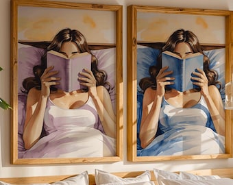 Meisje leest een boek Art Print | Gezellige leesgrage muurkunst | Meisje leest een boek in bed | Roze schoolse decoratie voor dames | Print Book Lovers