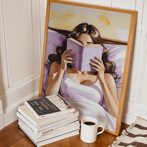 Girl Reading Book Art Print| Cozy Bookish Wall Art | Girl Reading in Bed | Pastel Aesthetic Feminine Decor for Readers | Book Lovers Print