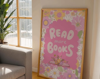 Leer más libros Arte de pared floral rosa / Póster imprimible para amantes de los libros / Decoración retro de libros para lectores / Arte de pared de libros para lectores