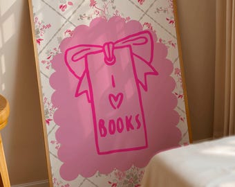 Arte de pared imprimible para amantes de los libros / Lámina artística rosa "Me encantan los libros" / Arte de pared femenino para amantes de los libros para el rincón de lectura / Decoración literaria