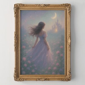 May include: A framed painting of a woman in a white dress walking through a field of flowers towards a castle in the distance. The sky is a light blue with a crescent moon and stars. The frame is gold with ornate details.