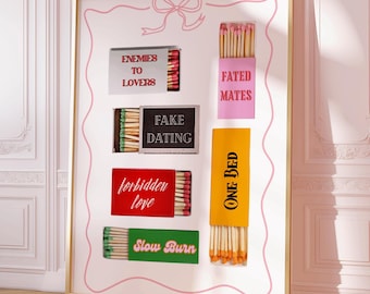 Lámina de Matchbox "Coquette Book Lover" / Arte mural "Bookish Tropes" / Arte mural "Enemigos a amantes" / Láminas de Coquette Booktok para Book Nook