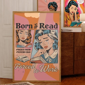 Born To Read Forced To Work Art Print, Book Lover Wall Art | Bookish Printable Quote | Literary Home Decor | Reading Nook Art | Book Poster