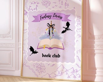 Impresión de arte mural del Club de lectura de los amantes de la fantasía, decoración de lectura de la espada del dragón púrpura, impresión digital mágica para amantes de los libros, arte mural para amantes de los libros de fantasía