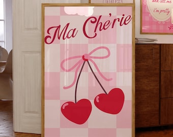 Ma Cherie Cherry Printable Wall Art | Coquette Cherry Art Print For Bedroom | Girly Cherry Pink And Red Wall Art | Pink Checkered Wall Art