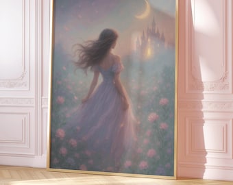 Märchenschloss Art Print | Märchenprinzessin davon rennend Wandkunst | Verzauberter Garten Kunstdruck | Romantasy Leseratten Dekor