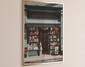 Impresión artística de una librería de la ciudad de Nueva York / Arte mural de la librería de Greenwhich Village / Impresión de libros de Bleecker Street / Arte mural para amantes de los libros /