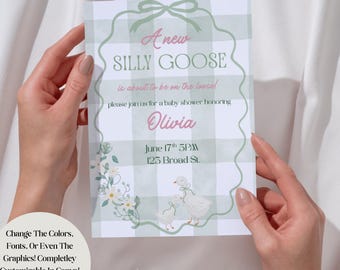 Silly Goose ベビーシャワー招待状：マザーグース Evite（Canva テンプレート）