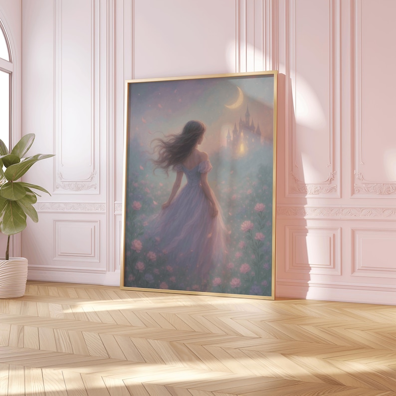 May include: A painting of a woman in a flowing white dress walking through a field of flowers towards a castle in the distance. The sky is a soft blue with stars and a crescent moon.