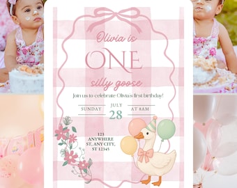 One Silly Goose 1st Birthday Bundle | Pink Gosling One Year Old Birthday Invitation | Little Girls Gingham Birthday Invitation |