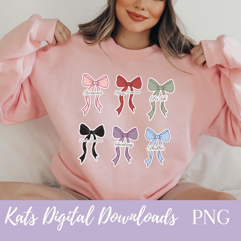 Coquette bow book genre stickers featuring Romance, Spicy Romance, Sci-Fi, Dark Academia, Fantasy, and Thriller designs in soft aesthetic colors for planners, reading journals, and BookTok inspired decor.