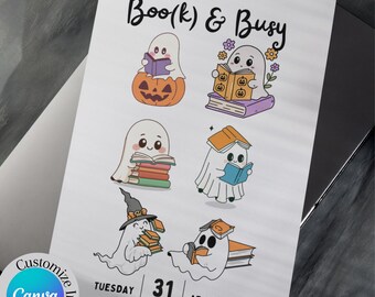 Booked & Busy Halloween Book Club Invite | Cute Ghost Reading Bookish Party Invite | Editable Canva Printable | Book Lover Spooky Fall Event