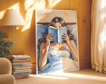 Meisje leest blauw boek Art Print | Meisje lezend in bed muurkunst | Minimalistische boekenliefhebbers muurkunst | Cadeau voor boekenliefhebbers | Boekachtige afdruk