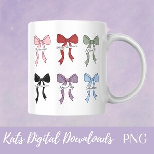 Coquette bow book genre stickers featuring Romance, Spicy Romance, Sci-Fi, Dark Academia, Fantasy, and Thriller designs in soft aesthetic colors for planners, reading journals, and BookTok inspired decor.