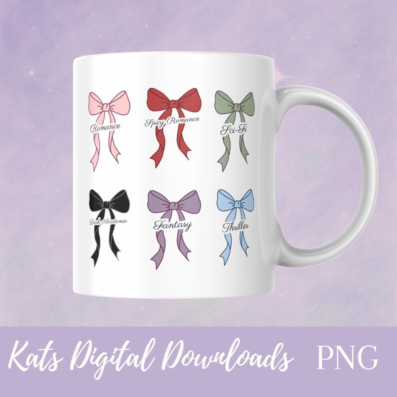 Coquette bow book genre stickers featuring Romance, Spicy Romance, Sci-Fi, Dark Academia, Fantasy, and Thriller designs in soft aesthetic colors for planners, reading journals, and BookTok inspired decor.