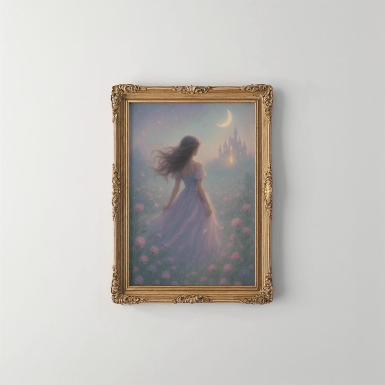 May include: A framed painting of a woman in a white dress walking through a field of flowers towards a castle in the distance. The sky is a light blue with a crescent moon and stars. The frame is gold with ornate details.