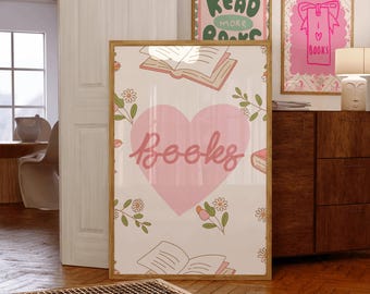 Póster imprimible de amante de los libros rosa / Arte mural femenino para amantes de los libros / Decoración floral literaria para lectores / Impresión de lectura literaria / Arte literario